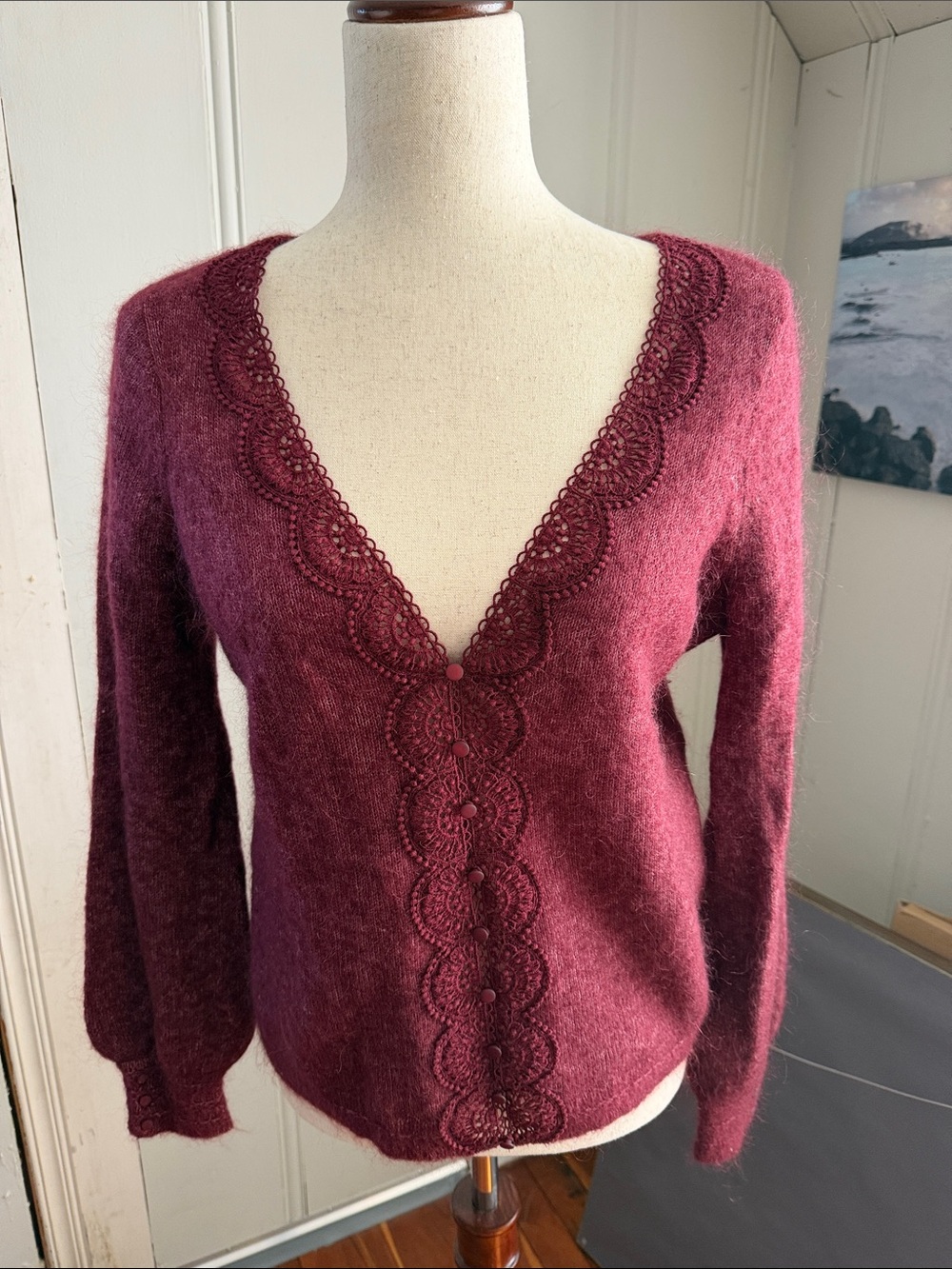 Women's Deep Plum Lace-Trim V-Neck Sweater